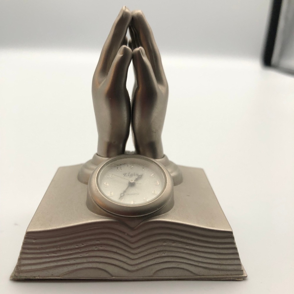 Vintage Elgin Quartz Praying Hands Mini Desk Clock Silver Tone Religious Decor